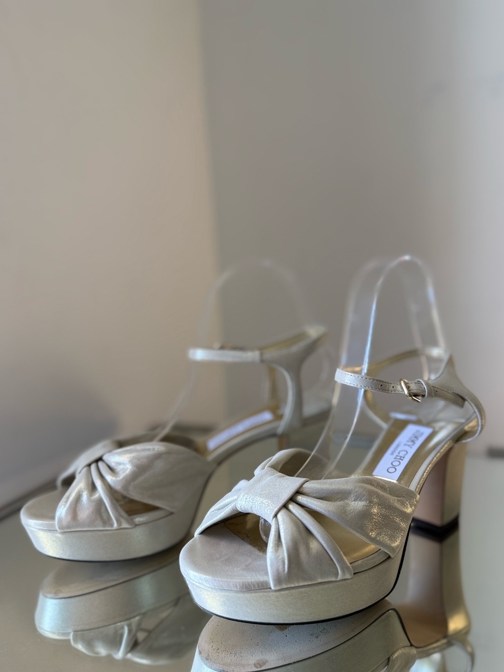Like new Jimmy Choo Women’s Heloise 80 Shimmer Suede Platform Sandals $1,050 - Picture 10 of 16